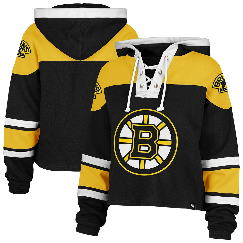 Sweat à capuche court noir '47 Boston Bruins Superior Lacer pour femme