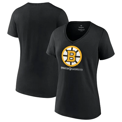 T-shirt noir à col en V pour femme des Bruins de Boston lors séries éliminatoires la Coupe Stanley 2024