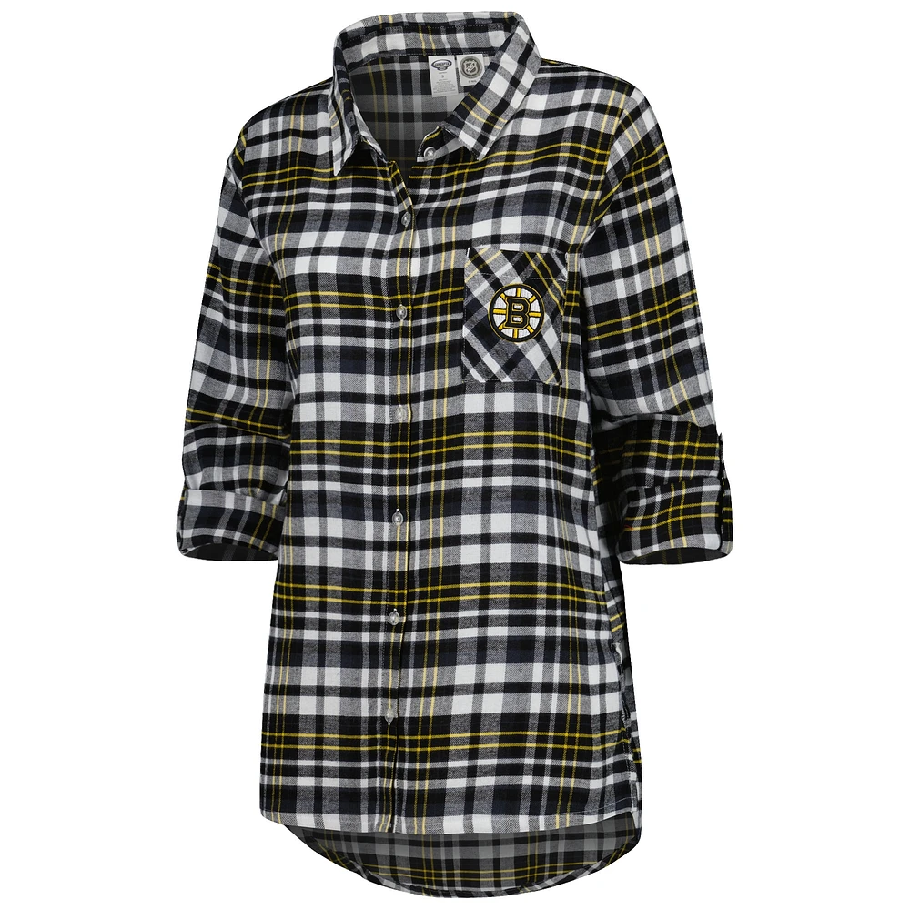 Women's Concepts Sport Black Boston Bruins Mainstay Flannel Full-Button Long Sleeve Nightshirt