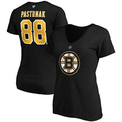 T-shirt col en V noir pour femme David Pastrnak avec nom et numéro des Bruins de Boston, grande taille