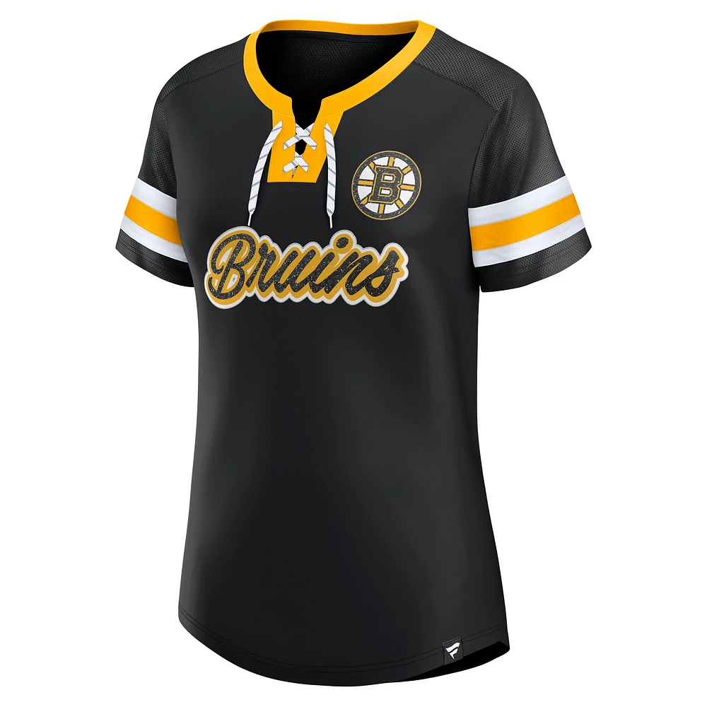 Women's Fanatics Black Boston Bruins Iconic Athena Lace-Up T-Shirt