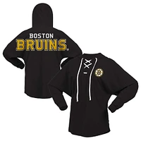 Women's Fanatics Black Boston Bruins Jersey Lace-Up V-Neck Long Sleeve Hoodie T-Shirt