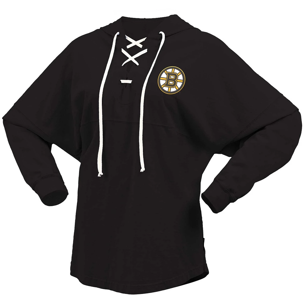 Women's Fanatics Black Boston Bruins Jersey Lace-Up V-Neck Long Sleeve Hoodie T-Shirt