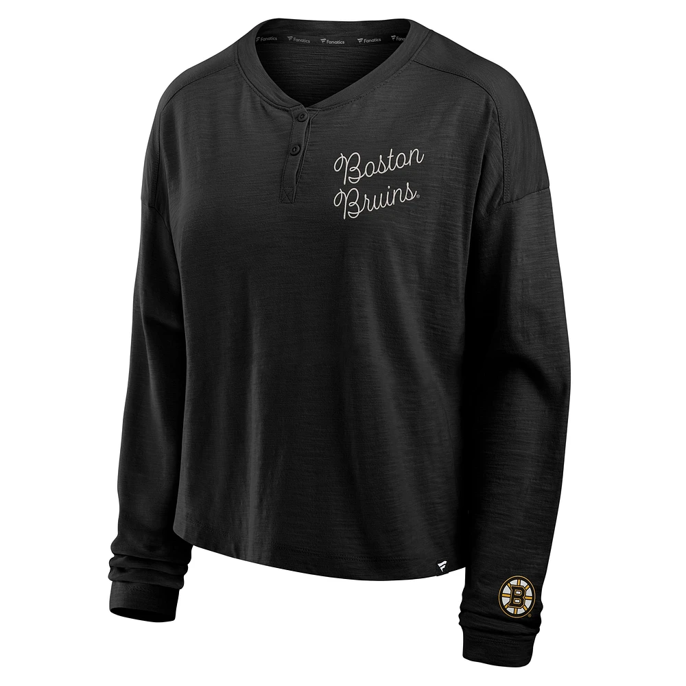 Women's Fanatics Black Boston Bruins Oversized All Out Effort Long Sleeve Henley T-Shirt