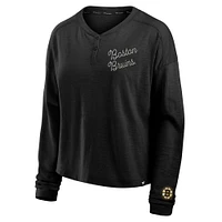 Women's Fanatics Black Boston Bruins Oversized All Out Effort Long Sleeve Henley T-Shirt