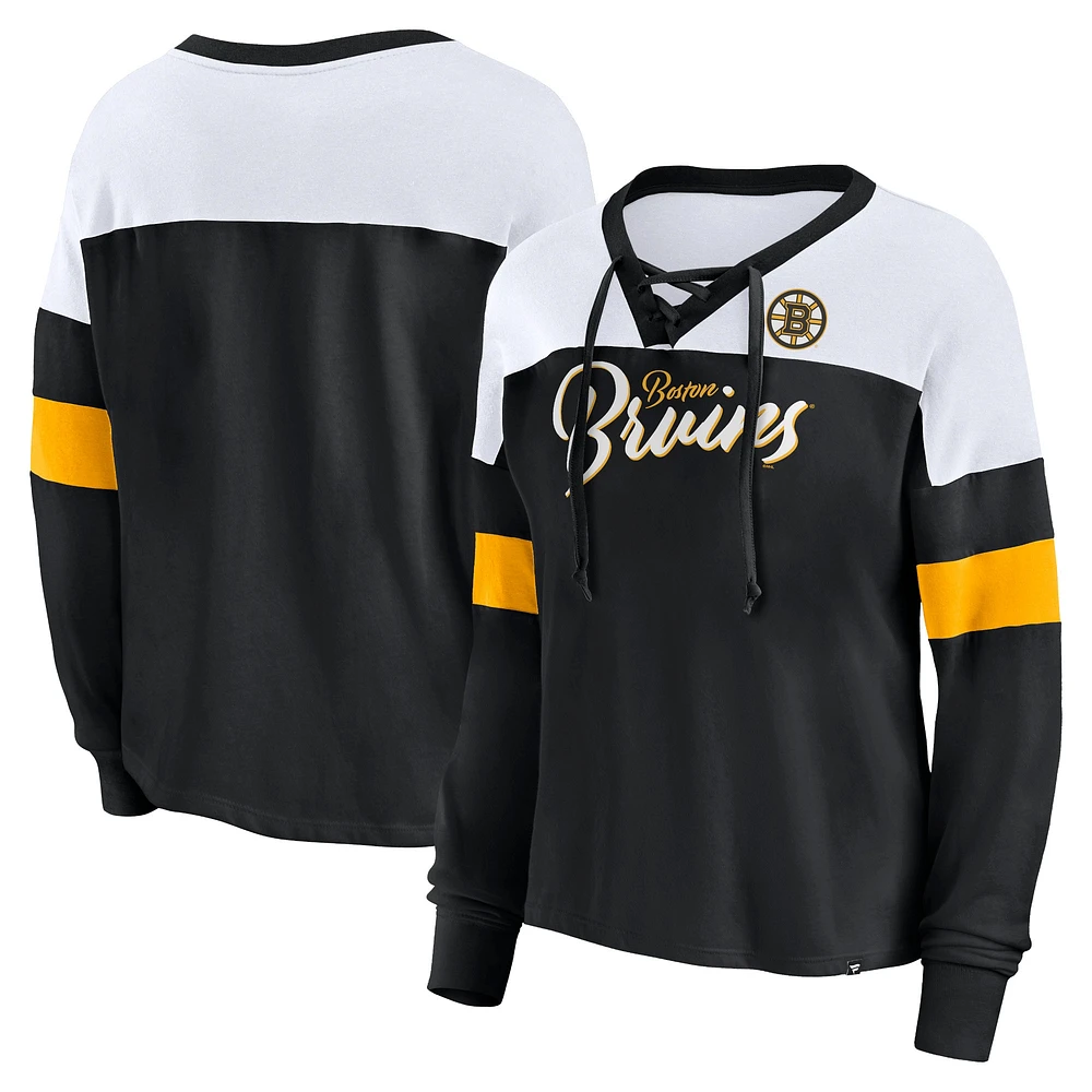 T-shirt à manches longues et col en V lacets pour femmes Fanatics Boston Bruins Take the Shot noir