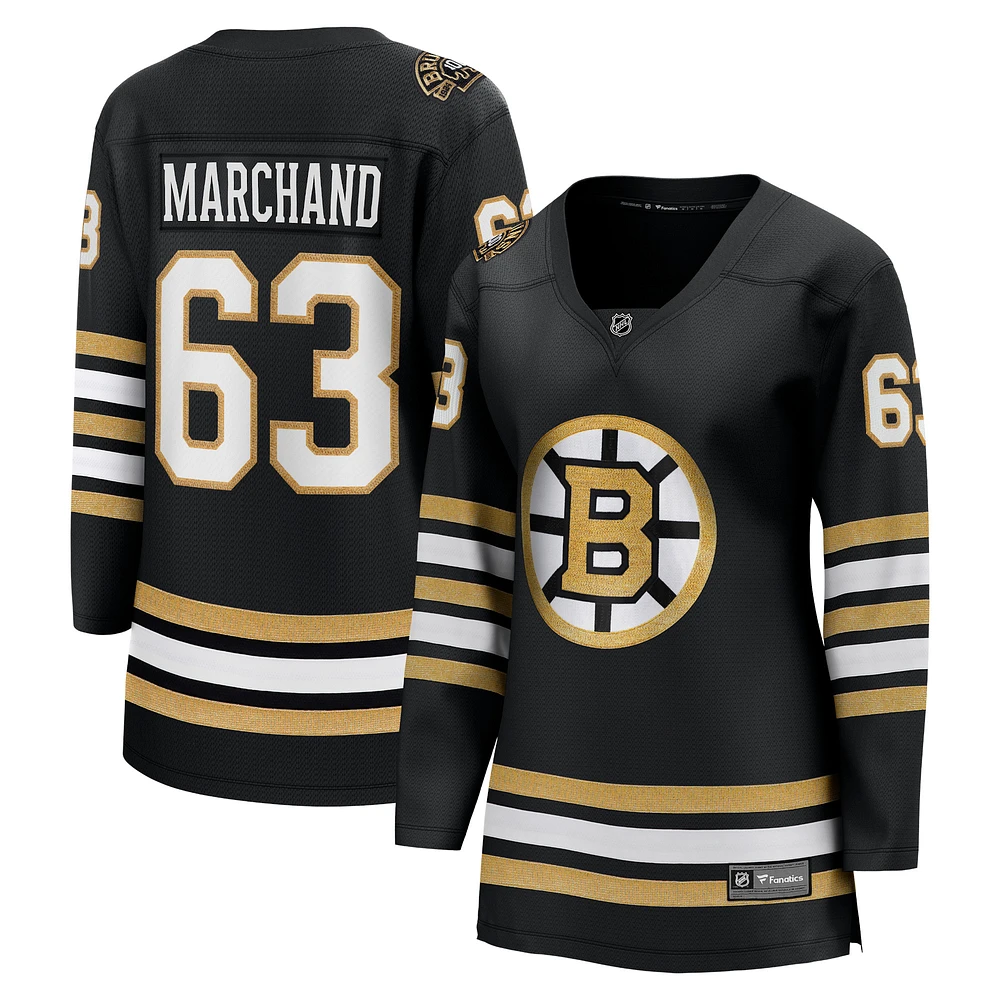 Maillot de joueur échappé premier du 100e anniversaire des Bruins Boston Fanatics Brad Marchand noir pour femmes