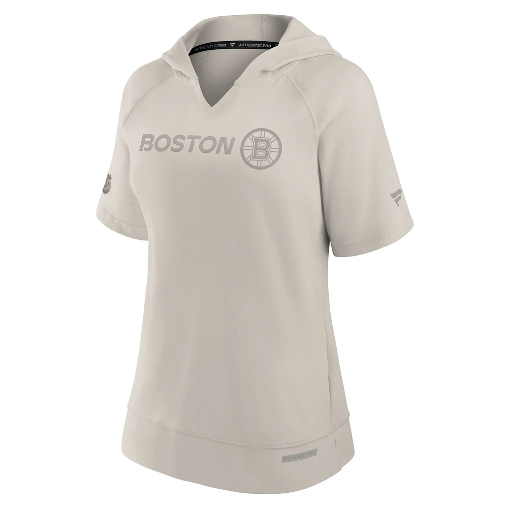 Women's Fanatics Cream Boston Bruins Authentic Pro Road Fashion V-Neck Hoodie T-Shirt