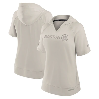 Women's Fanatics Cream Boston Bruins Authentic Pro Road Fashion V-Neck Hoodie T-Shirt