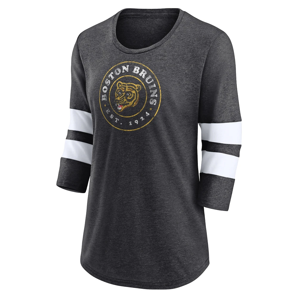 Women's Fanatics Heather Charcoal Boston Bruins One Timer Tri-Blend Scoop Neck 3/4-Sleeve T-Shirt