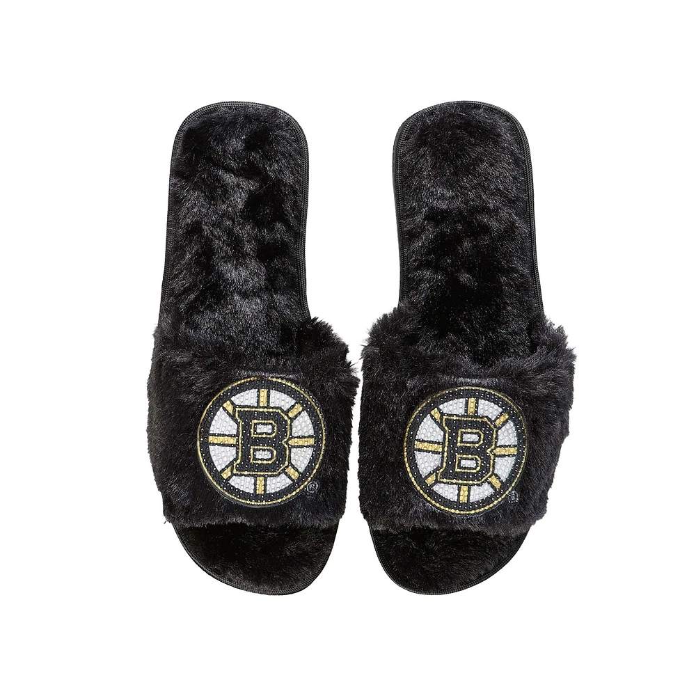 Pantoufles floues à strass FOCO Boston Bruins pour femmes, noires