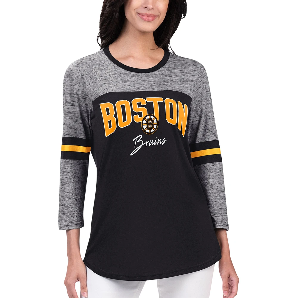 T-shirt G-III Sports by Carl Banks pour femmes, noir, Bruins de Boston, Play The Game, tri-mélange, manches 3/4