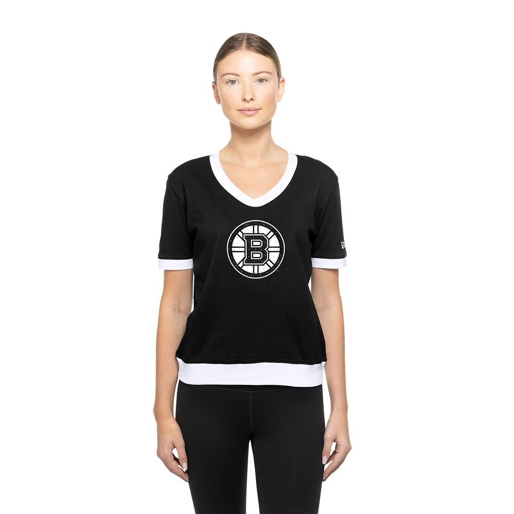 T-shirt noir New Era pour femme avec strass le jour du match des Bruins de Boston