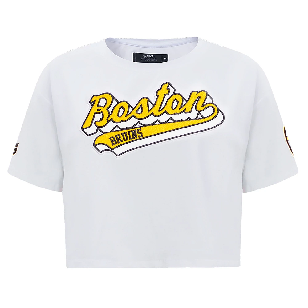 Women's Pro Standard White Boston Bruins Boxy Script Tail Cropped T-Shirt