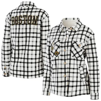 Boston Bruins WEAR by Erin Andrews Women's Plaid Button-Up Shirt Jacket - Oatmeal