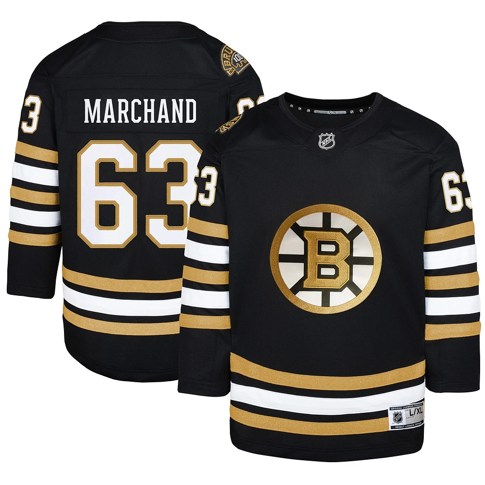 Maillot de joueur premier du 100e anniversaire des Bruins Boston, Brad Marchand, noir, pour jeunes