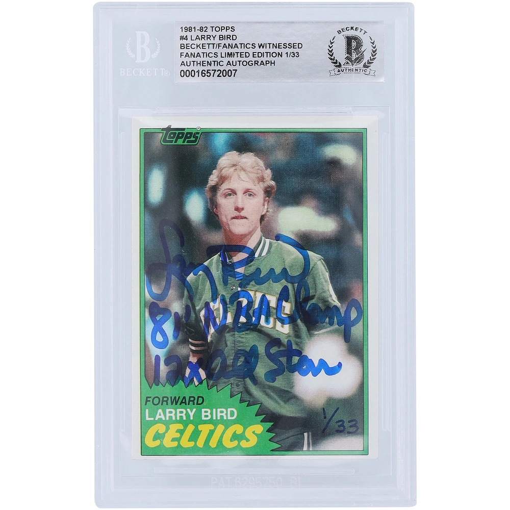 Larry Bird Boston Celtics Autographié 1981-82, 1980-81,1986-87 Topps Fleer Set #4,94,9 #1/33 Beckett Fanatics Witnessed Ensemble de 3 cartes authentifiées avec plusieurs inscriptions