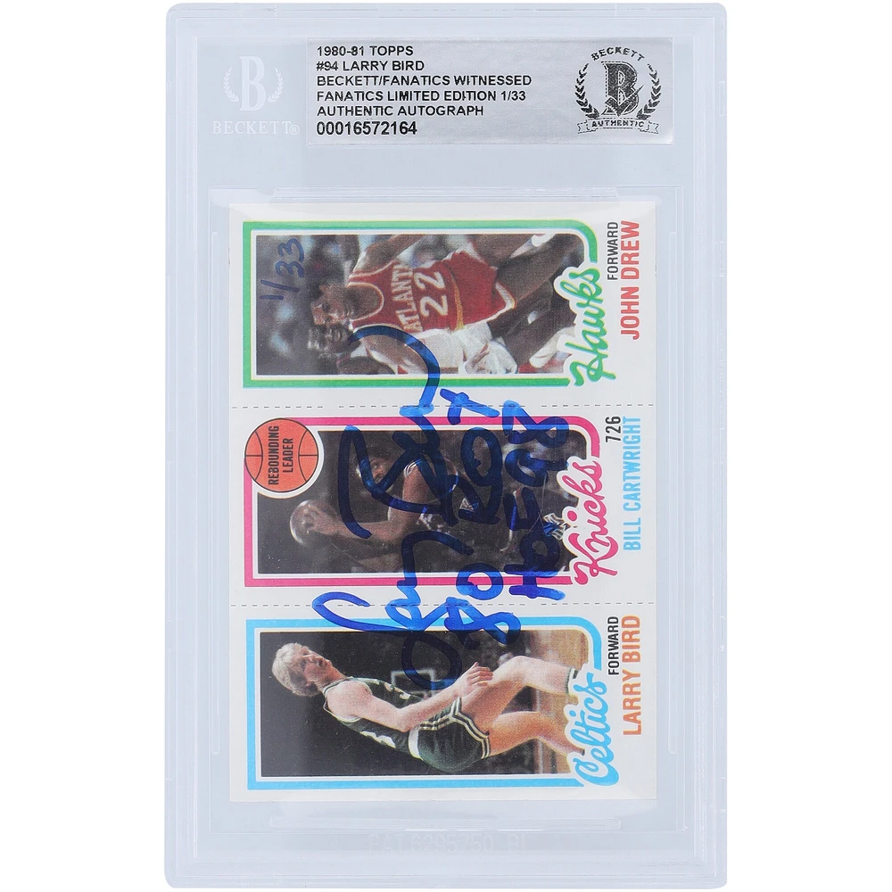 Larry Bird Boston Celtics Autographié 1981-82, 1980-81,1986-87 Topps Fleer Set #4,94,9 #1/33 Beckett Fanatics Witnessed Ensemble de 3 cartes authentifiées avec plusieurs inscriptions
