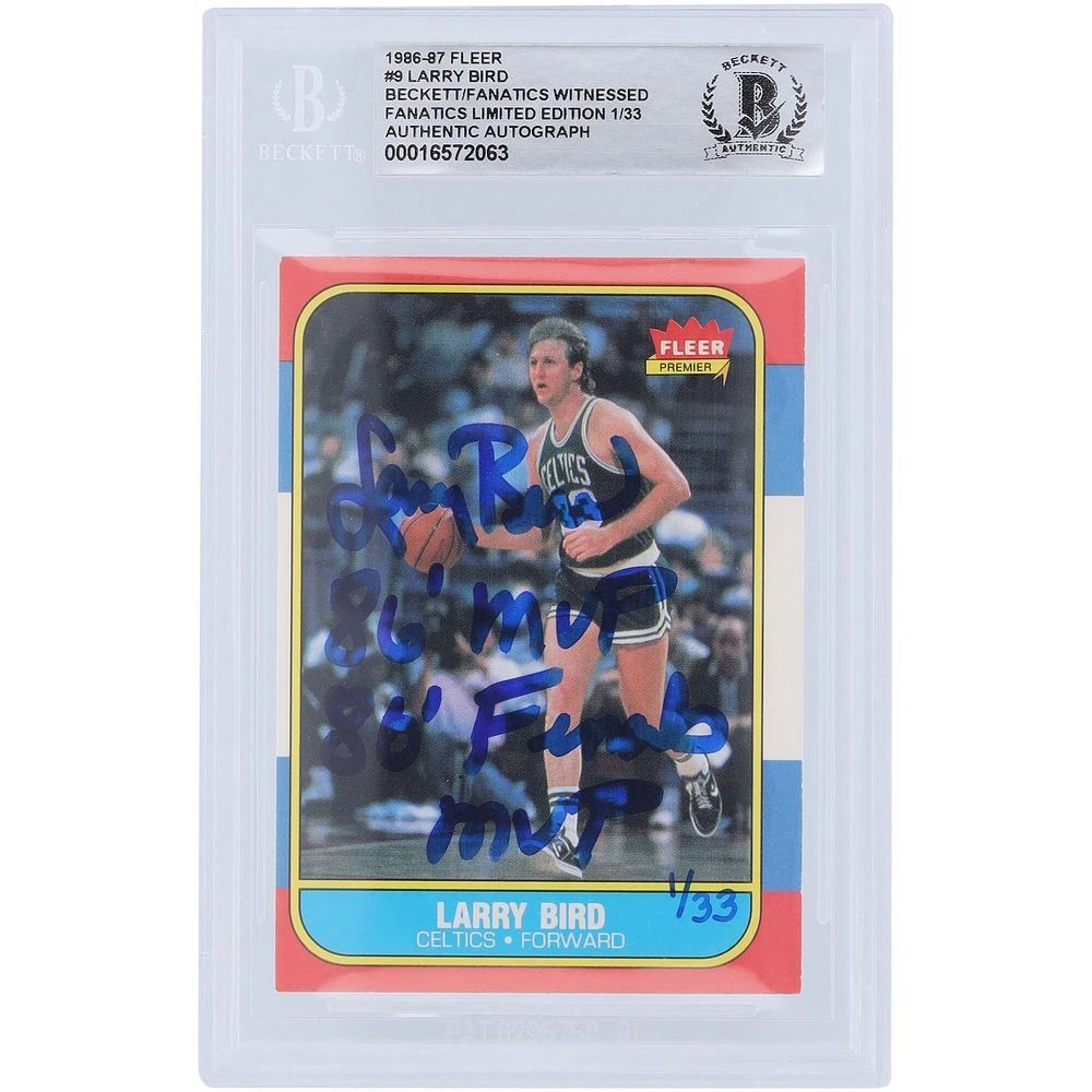 Larry Bird Boston Celtics Autographié 1981-82, 1980-81,1986-87 Topps Fleer Set #4,94,9 #1/33 Beckett Fanatics Witnessed Ensemble de 3 cartes authentifiées avec plusieurs inscriptions