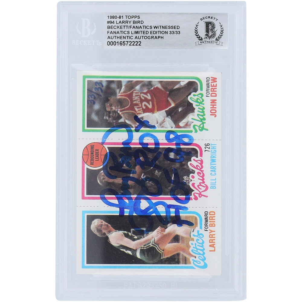 Larry Bird Boston Celtics Autographié 1986-87, 1980-81, 1981-82 Topps Fleer Set #9,94,4 #33/33 Beckett Fanatics Witnessed Authentifié Ensemble de 3 cartes avec plusieurs inscriptions