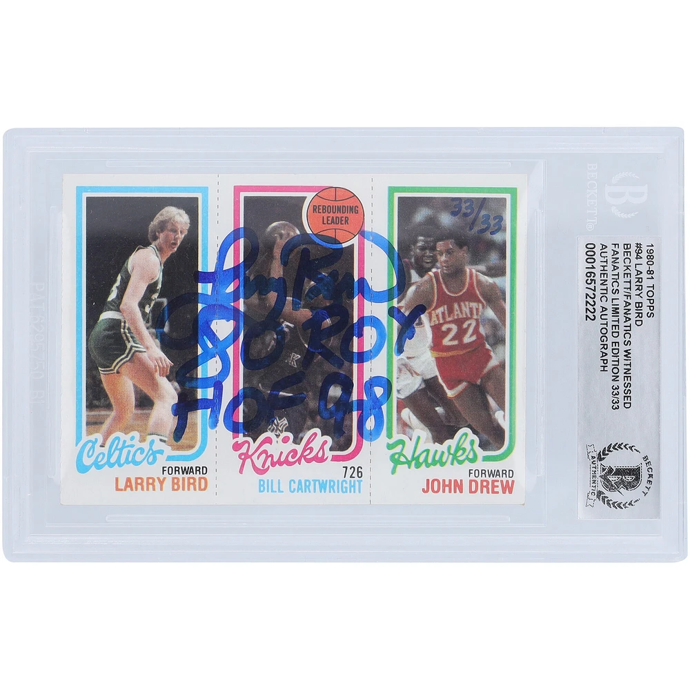Larry Bird Boston Celtics Autographié 1986-87, 1980-81, 1981-82 Topps Fleer Set #9,94,4 #33/33 Beckett Fanatics Witnessed Authentifié Ensemble de 3 cartes avec plusieurs inscriptions