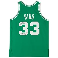 Maillot authentique dédicacé par Larry Bird Boston Celtics Mitchell & Ness 1985-1986 vert avec inscription « 3x NBA Champ » - Édition limitée n° 33 sur 133