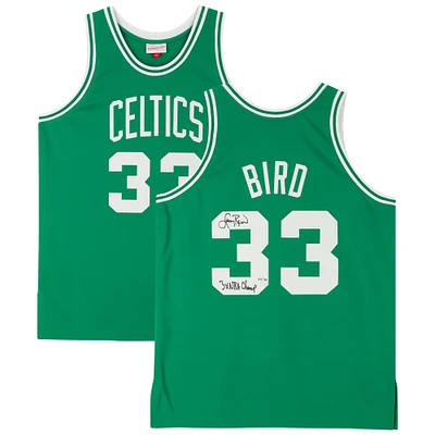 Maillot authentique dédicacé par Larry Bird Boston Celtics Mitchell & Ness 1985-1986 vert avec inscription « 3x NBA Champ » - Édition limitée n° 33 sur 133