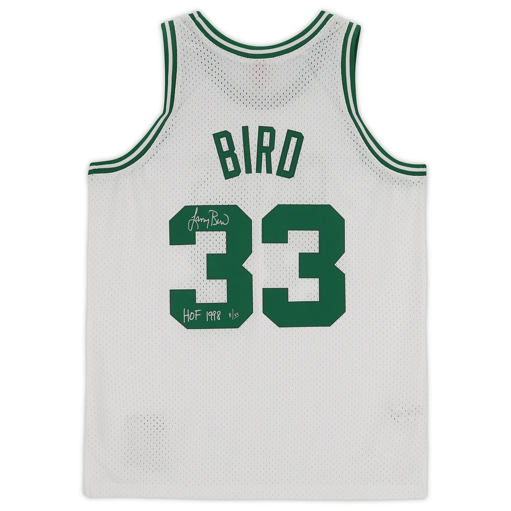 Maillot Swingman blanc autographié par Larry Bird des Boston Celtics Mitchell & Ness 1985-86 avec inscription « HOF 1998 » - Édition limitée à 33 exemplaires