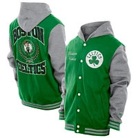 Men's New Era  Kelly Green Boston Celtics Throwback Prep Chenille Full-Snap Hooded Varsity Jacket