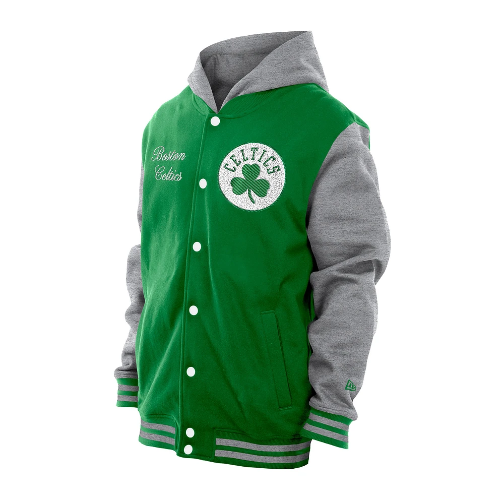 Men's New Era  Kelly Green Boston Celtics Throwback Prep Chenille Full-Snap Hooded Varsity Jacket