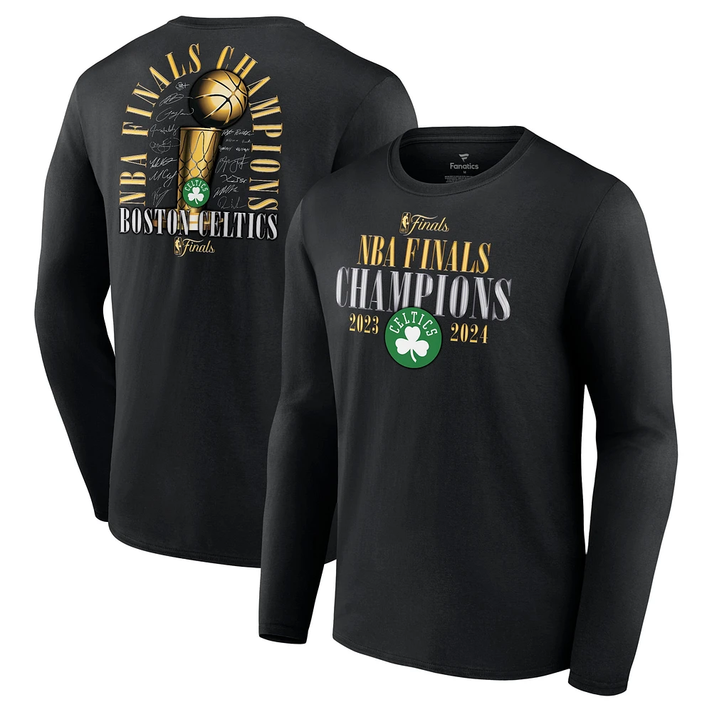 Men's Fanatics Black Boston Celtics 2024 NBA Finals Champions Fade Away Jumper Roster Signature Long Sleeve T-Shirt