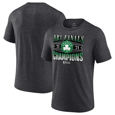 Men's Fanatics Heather Charcoal Boston Celtics 2024 NBA Finals Champions Full Court Pressure Retro Tri-Blend T-Shirt