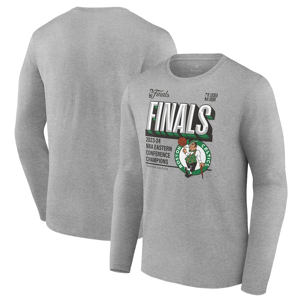 T-shirt à manches longues pour hommes Fanatics Heather Grey Boston Celtics 2024 Champions de la Conférence Est Vestiaire