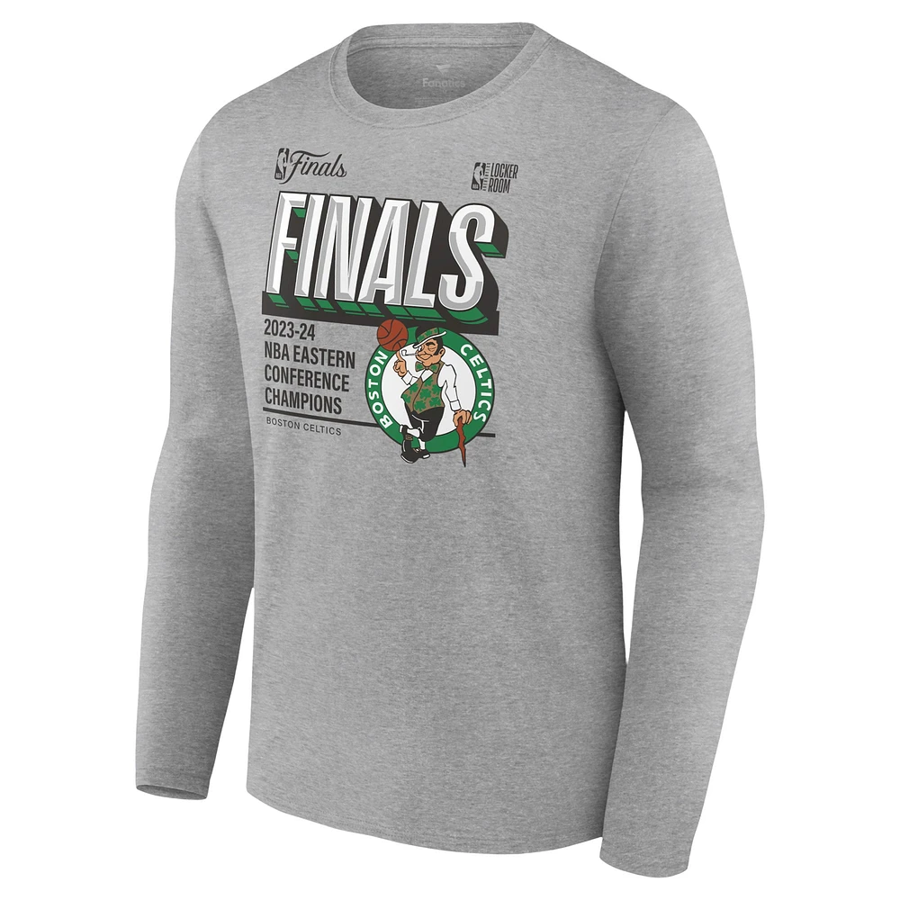 T-shirt à manches longues pour hommes Fanatics Heather Grey Boston Celtics 2024 Champions de la Conférence Est Vestiaire