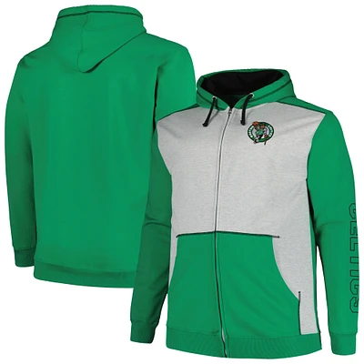 Men's Fanatics Kelly Green/Heather Gray Boston Celtics Big & Tall Contrast Pieced Stitched Full-Zip Hoodie