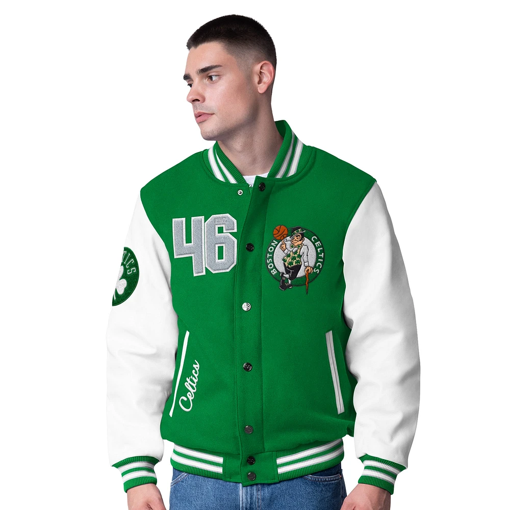 Veste universitaire en laine et cuir Moneyball Boston Celtics verte G-III Sports by Carl Banks pour homme