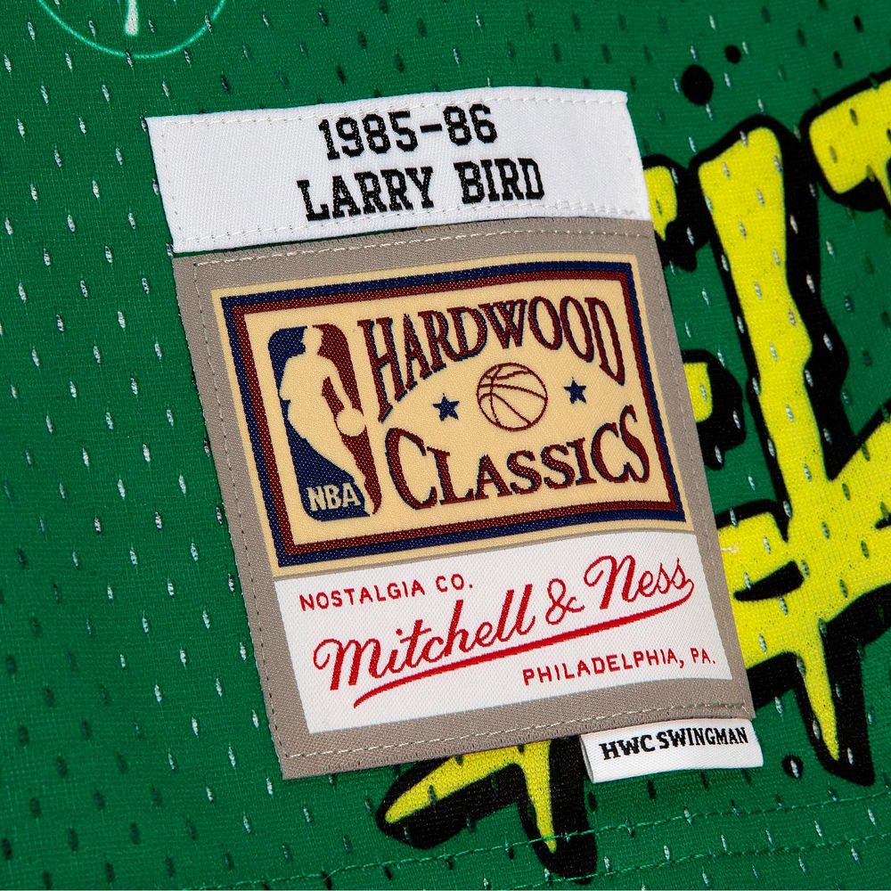 Men's Mitchell & Ness Larry Bird Kelly Green Boston Celtics 1985/86 Hardwood Classics Slap Sticker Swingman - Jersey