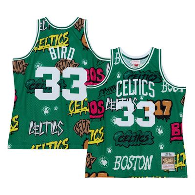 Men's Mitchell & Ness Larry Bird Kelly Green Boston Celtics 1985/86 Hardwood Classics Slap Sticker Swingman - Jersey