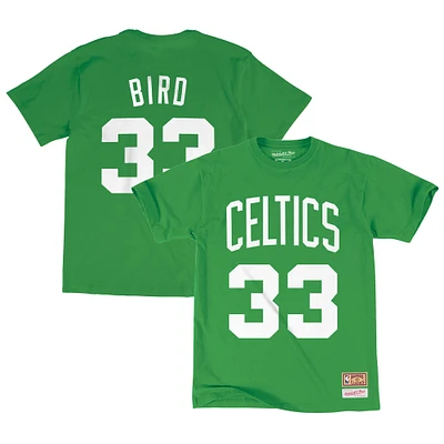 Men's Mitchell & Ness Larry Bird Kelly Green Boston Celtics Hardwood Classics Stitch Name Number T-Shirt