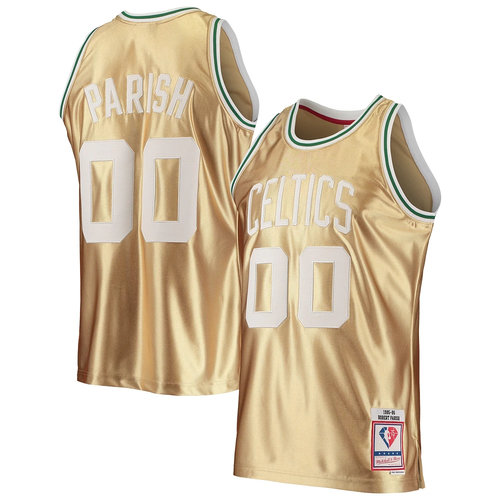 Hommes Mitchell & Ness Robert Parish Gold Boston Celtics 75e anniversaire 1985/86 Hardwood Classics Swingman Jersey