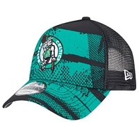 Men's New Era Black/Kelly Green Boston Celtics Tip Off A-Frame Trucker 9FORTY Adjustable Hat