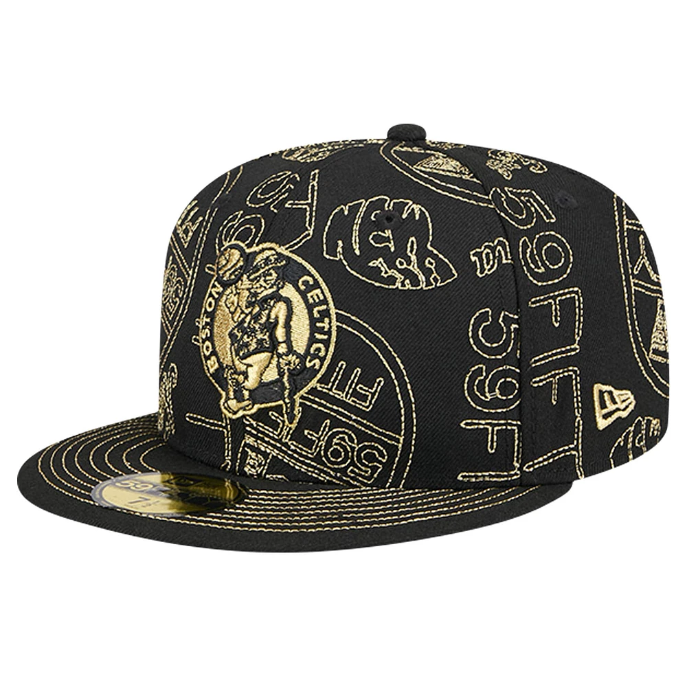 Men's New Era Black Boston Celtics 59FIFTY Day Allover Print Stencil Fitted Hat