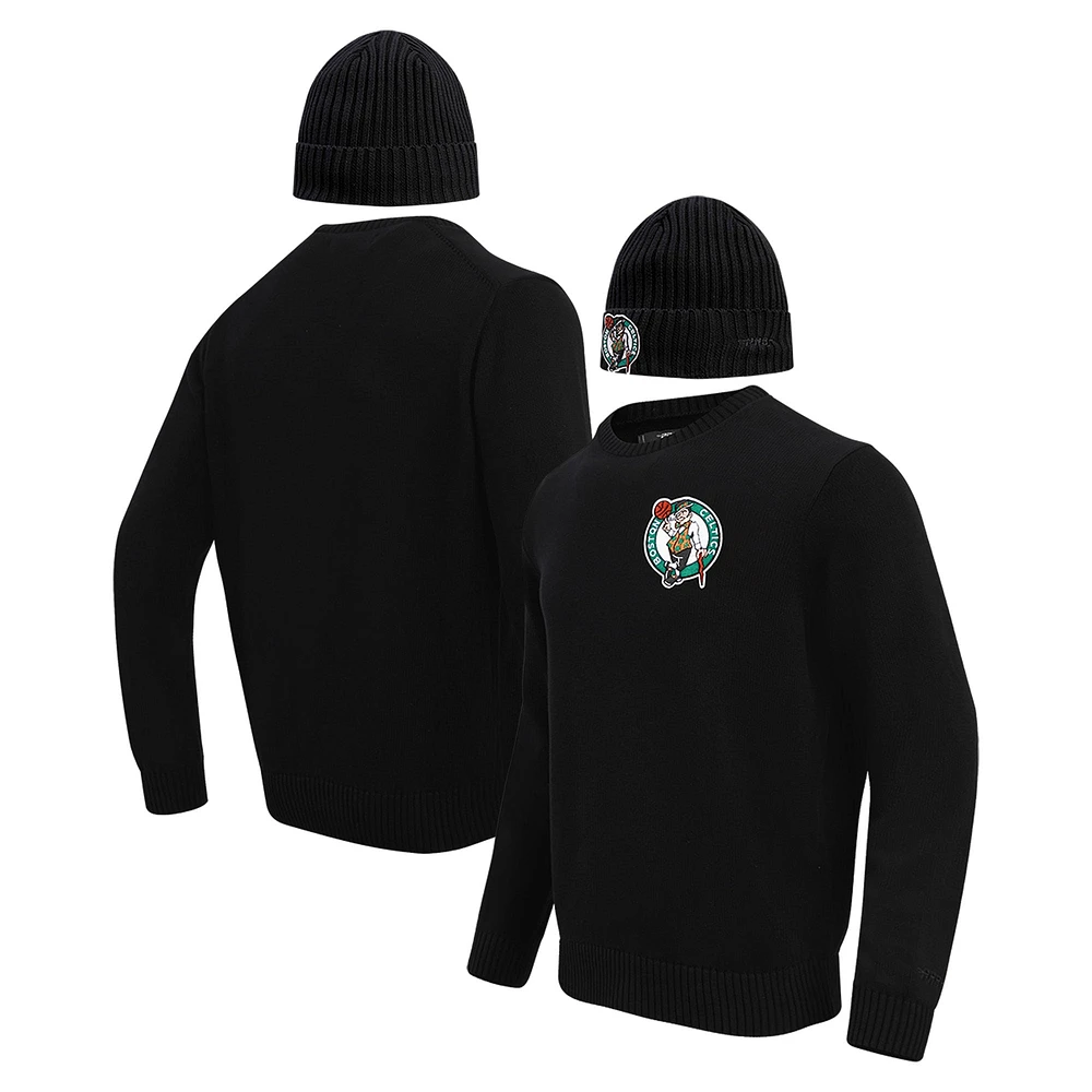 Coffret cadeau pull à col rond et chapeau en tricot revers Pro Standard noir Boston Celtics pour hommes