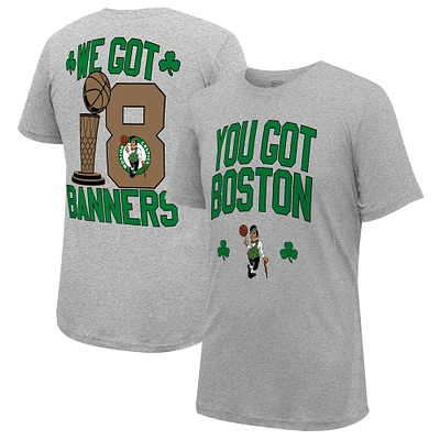 T-shirt Stadium Essentials Heather Grey pour hommes des Boston Celtics, 18 fois champions de la finale NBA, We Got Banners