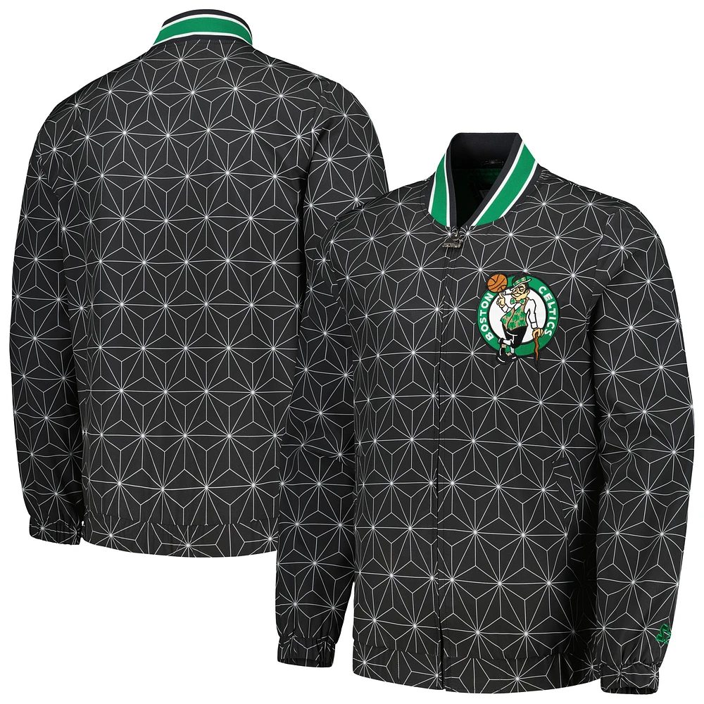 Men's Starter Black Boston Celtics In-Field Play Fashion Satin Full-Zip Varsity Jacket