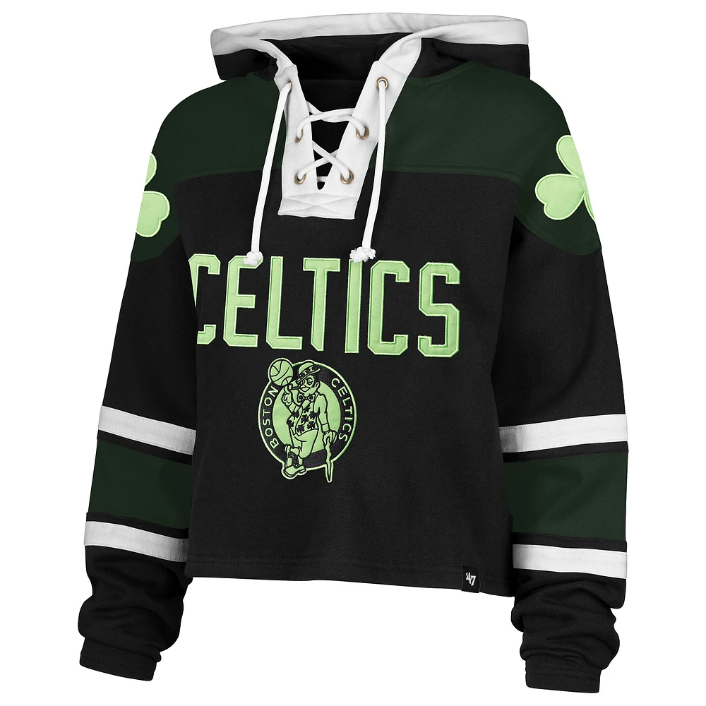 Women's '47 Black Boston Celtics 2024/25 City Edition Superior Cropped Lace-Up Pullover Hoodie