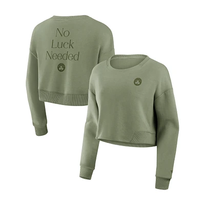 Women's Fanatics Olive Boston Celtics Studio Tri-Blend Cropped Pullover Sweatshirt