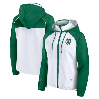 Veste à capuche entièrement zippée Fanatics blanche/verte Kelly Boston Celtics Anorak Raglan pour femme