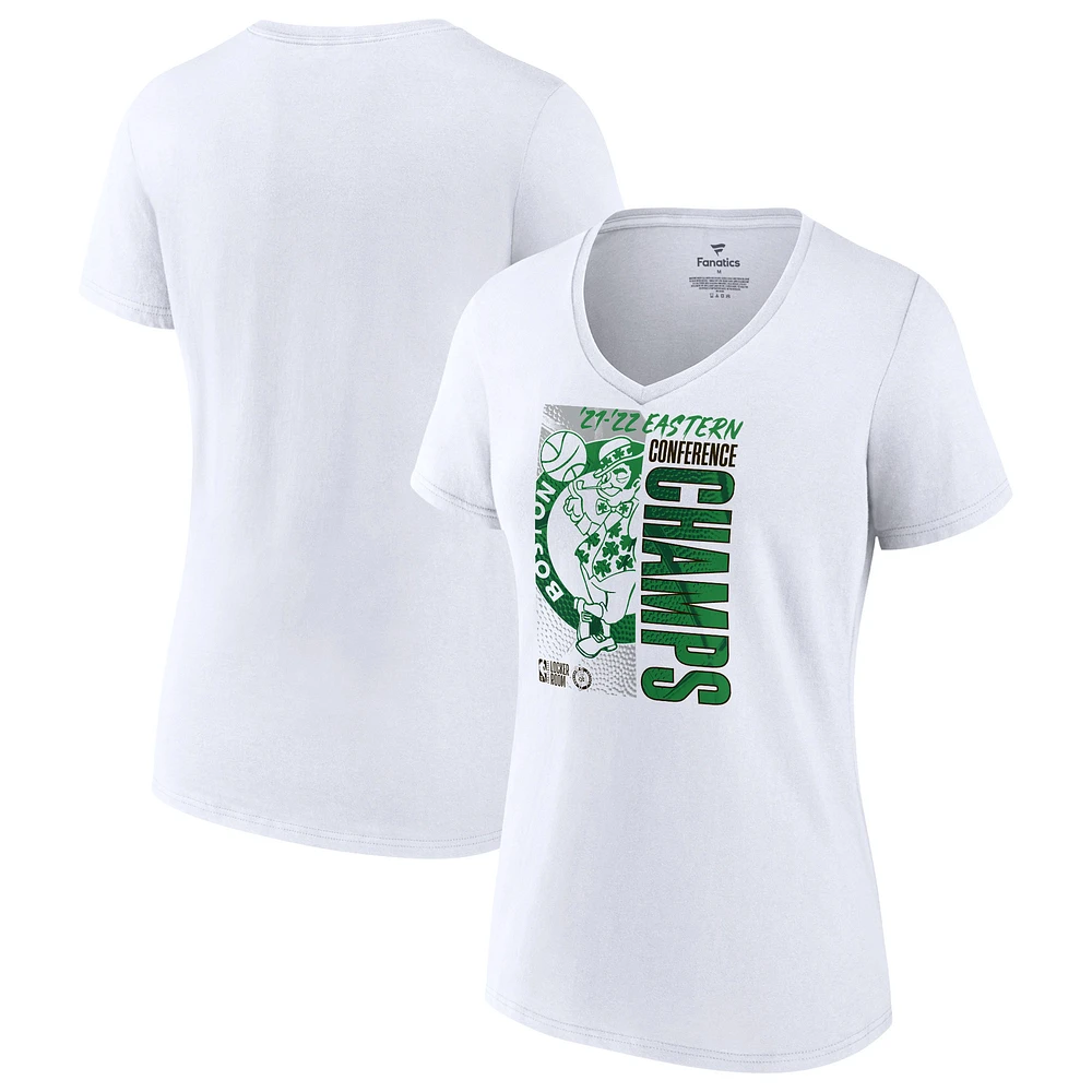 T-shirt blanc à col en V pour femmes Fanatics des Boston Celtics 2022 Champions de la Conférence l'Est, grande taille