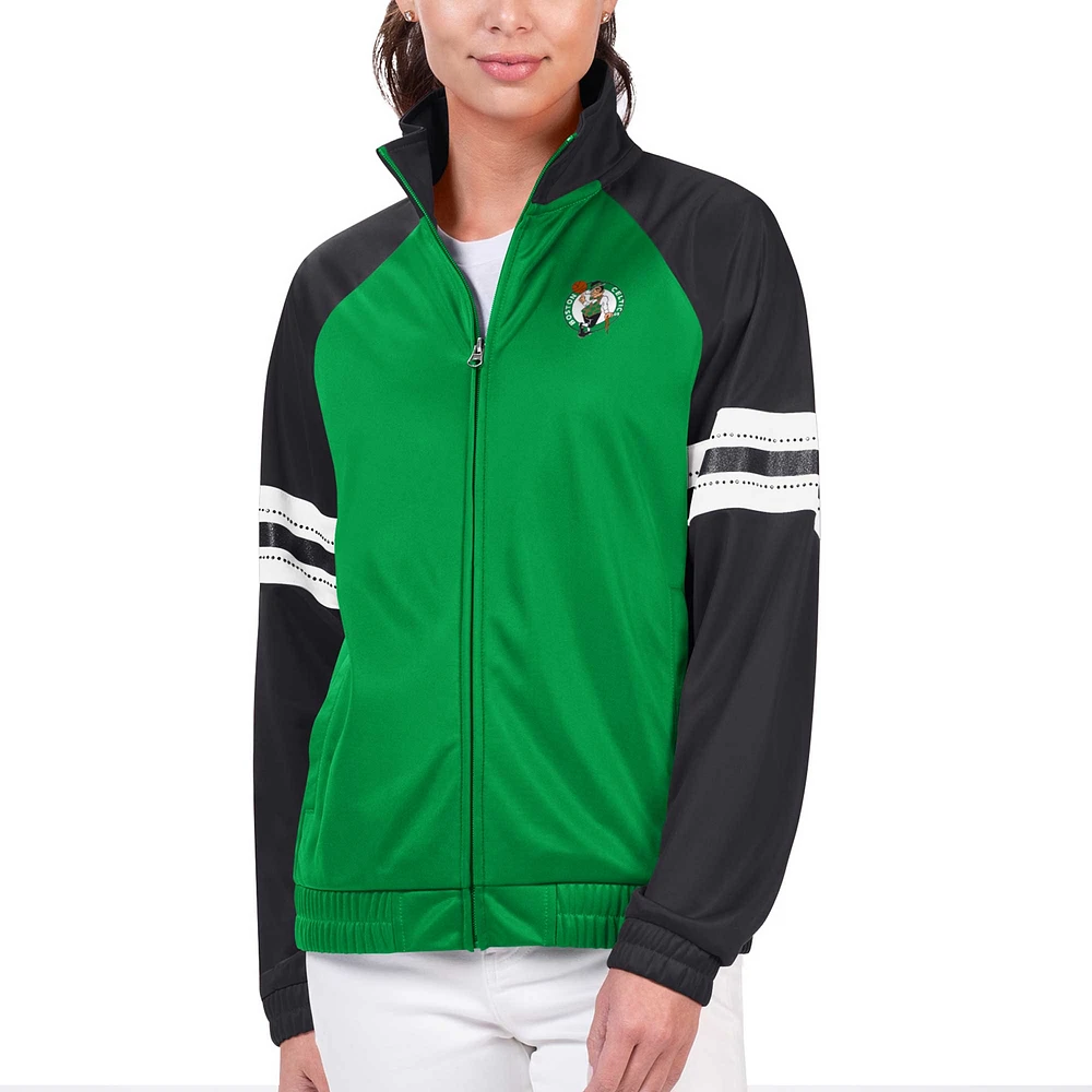 Veste de survêtement entièrement zippée G-III 4Her par Carl Banks pour femmes Kelly Green Boston Celtics Main Player Raglan strass